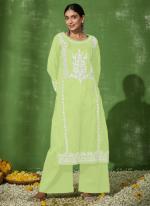 Rayon Pista Green Casual Wear Chikankari Work Readymade Kurti With Plazzo